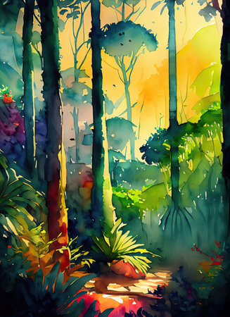 Tropical forest. Watercolor painting. Hand drawn illustration.の素材