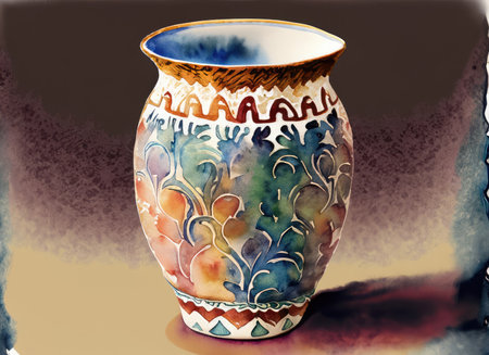Ceramic vase with floral pattern. Hand drawn illustration.の素材