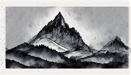 Mountains. Hand drawn illustration. Watercolor painting. Black and white.の素材