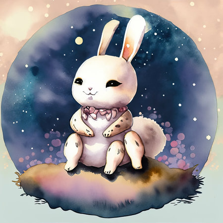Hand drawn watercolor illustration of a cute white rabbit sitting on the grass.の素材