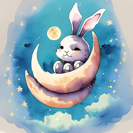 Watercolor illustration of a cute bunny sitting on a crescent moonの素材