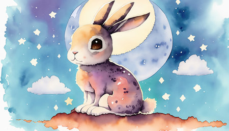 Cute cartoon rabbit sitting on the hill and looking at the moonの素材
