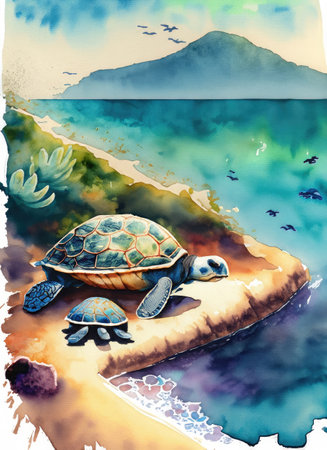 Watercolor illustration of a turtle on an island in the sea.の素材