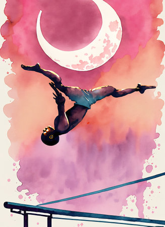 Watercolor illustration of a young man jumping on a rope in front of the moonの素材
