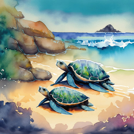 Watercolor illustration of turtles on the seashore. Hand-drawn illustration.の素材