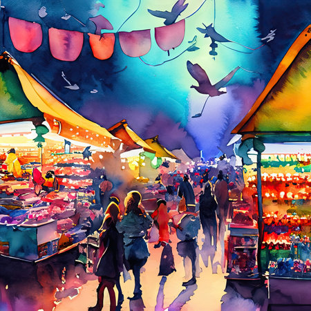 Illustration of people walking in the night market. Watercolor painting.の素材
