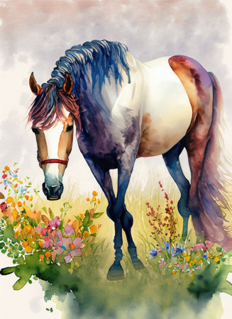 Watercolor painting of a horse on a meadow with flowers.の素材