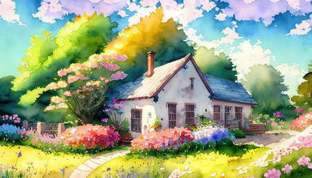 Cartoon house in the meadow with flowers. Digital painting.の素材