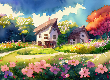 Beautiful spring landscape with houses and flowers. Digital watercolor painting.の素材