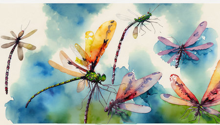 Watercolor painting of dragonflies on sky background. Hand drawn illustration.の素材