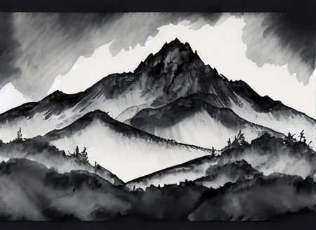 Digital painting of mountains in black and white colors. Computer generated illustration.の素材
