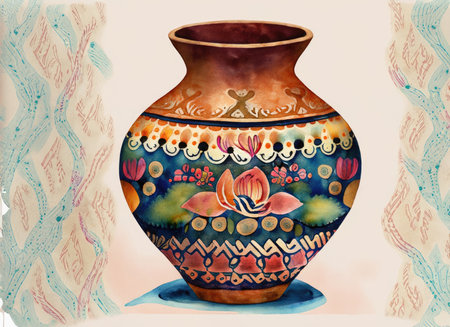 Watercolor illustration of a vase with floral ornaments.の素材