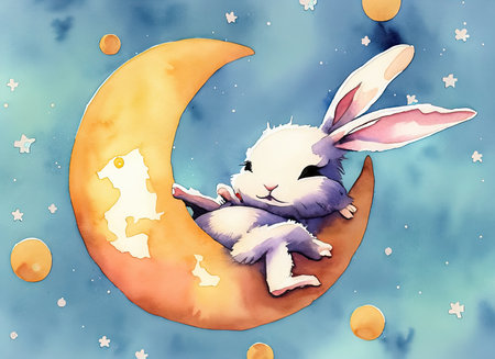 Illustration of a cute little bunny sleeping on a crescent moonの素材