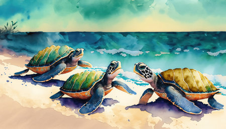 Turtles on the seashore. Illustration in watercolor style.の素材