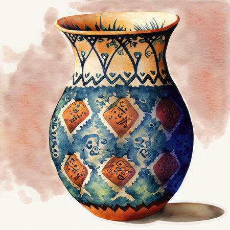 Hand drawn watercolor illustration of a vase with ethnic ornament.の素材