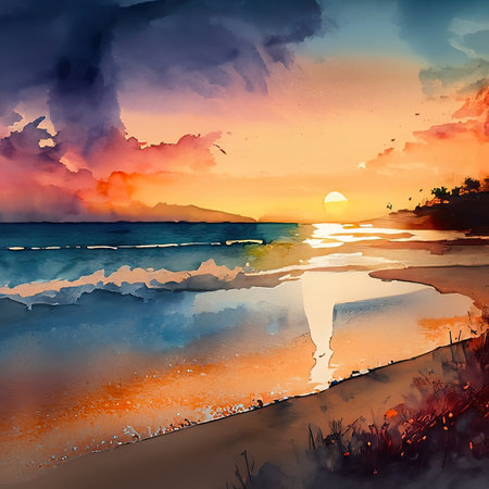 Beautiful sunset over the sea. Digital painting in watercolor style.の素材