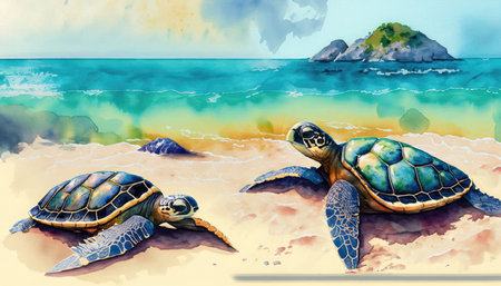 Turtles on the beach. Watercolor painting. Illustration.の素材