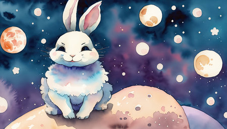 cartoon scene with happy easter rabbit on the moon - illustration for childrenの素材