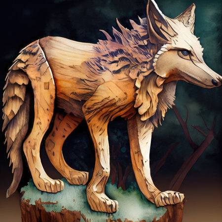 Wooden wolf on a tree stump. Artistic illustration for design.の素材