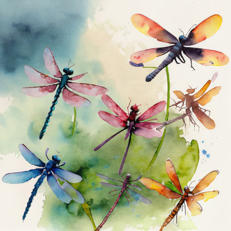 Watercolor dragonflies on watercolor background. Hand drawn illustration.の素材