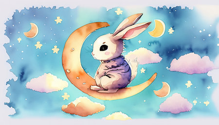 Cute cartoon rabbit sitting on the moon. Watercolor illustration.の素材