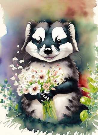 Watercolor illustration of a cute dog with a bouquet of flowersの素材