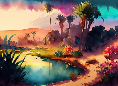 Illustration of a tropical landscape with palm trees and a pond.の素材