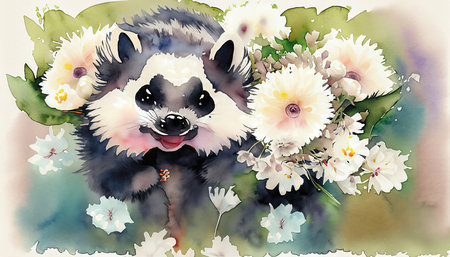 Watercolor illustration of a cute raccoon with flowers in her hairの素材