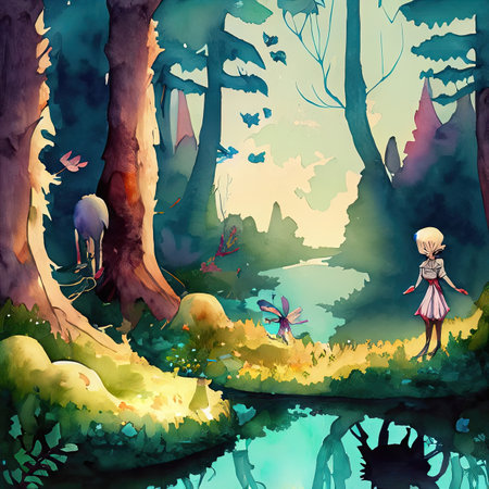 Beautiful cartoon fairy tale scene in the forest. Vector illustration.の素材