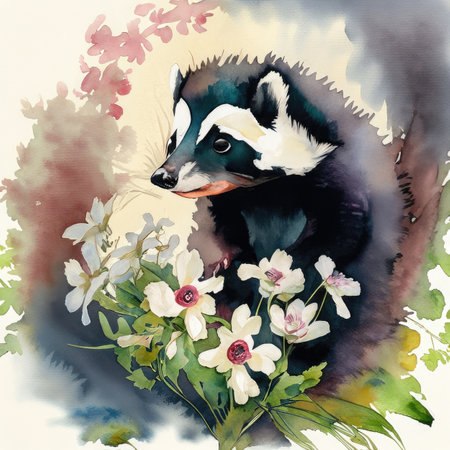 Watercolor illustration of a raccoon with a bouquet of flowersの素材