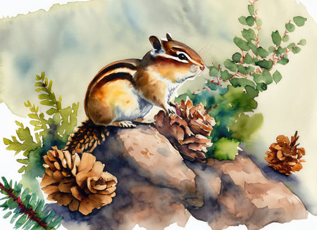 Watercolor illustration of a chipmunk on a rock with pine conesの素材