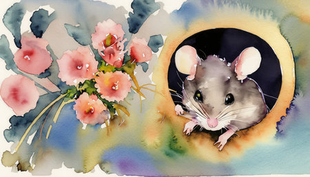 mouse with flowers in watercolor style, illustration for your design.の素材