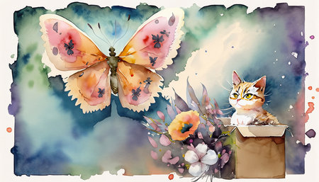 Watercolor illustration of a cat and a butterfly in a box.の素材