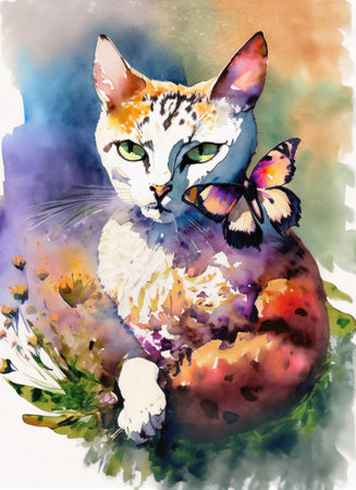 Watercolor painting of a cat with a butterfly on a background of flowersの素材