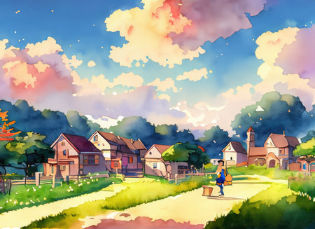 Houses in the countryside on a sunny day. Watercolor illustration.の素材