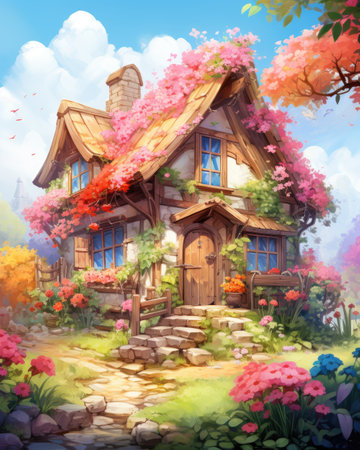 Beautiful house in the garden with blossoming flowers. Digital paintingの素材