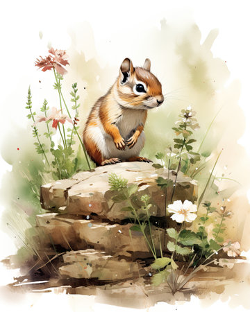 Funny chipmunk sitting on the stone. Watercolor illustrationの素材