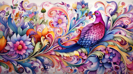 Colorful fantasy floral background with doves and flowers, illustration.の素材