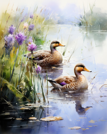 Watercolor painting of two ducks on the lake in the park.の素材