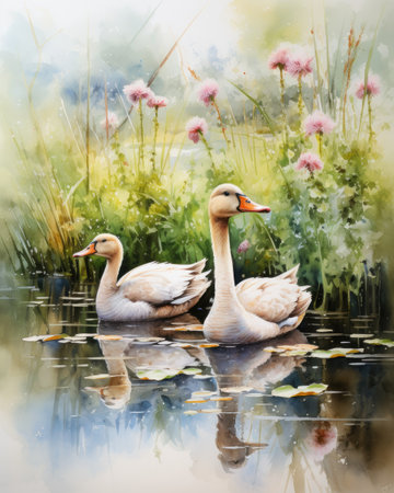 Two swans swimming in the lake. Digital watercolor painting.の素材