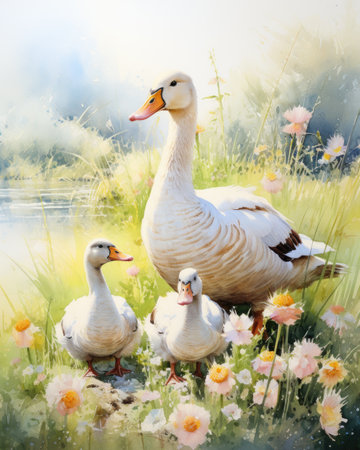 White swans and ducks on a meadow in the spring.の素材