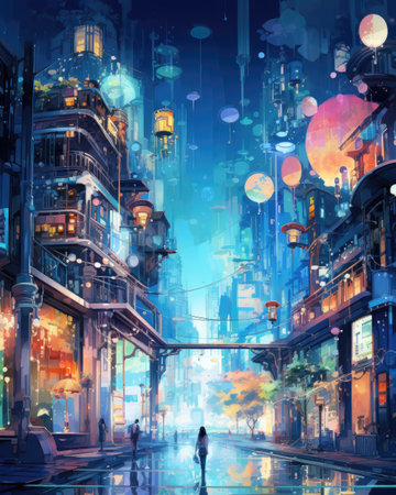Digital painting of a street at night in London, United Kingdom.の素材