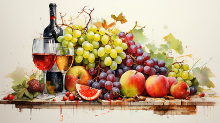 Still life with red wine, grapes and fruits. Vintage style.の素材