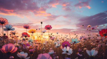 Colorful cosmos flowers in the meadow with sunset sky background.の素材