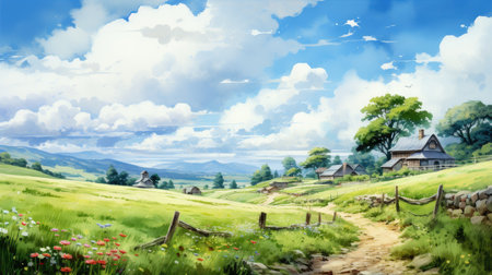 Landscape of meadow with blue sky and clouds, digital paintingの素材