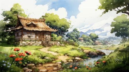 Watercolor painting of traditional chinese house in the garden. Illustration for printing on canvas or paper.の素材