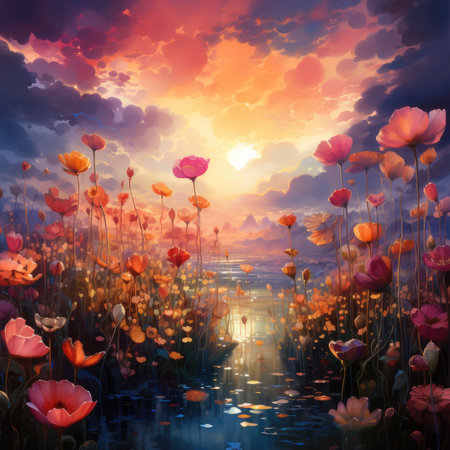 Poppies field at sunset. Digital painting. 3D illustration.の素材