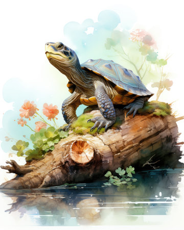 Turtle on the log in the water. Digital watercolor paintingの素材