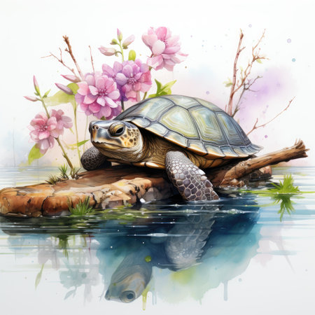 watercolor painting of a turtle on a log in the water with flowersの素材
