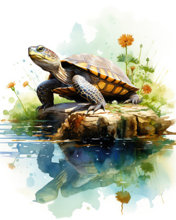 Watercolor illustration of a turtle sitting on a log in a pondの素材